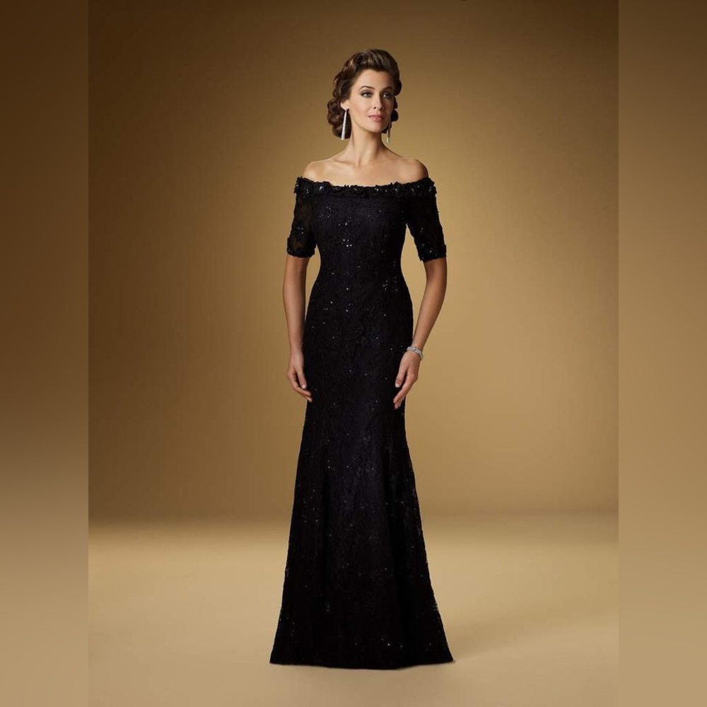 [Rina di Montella] Black Lace Off The Shoulder Evening Gown with Beading